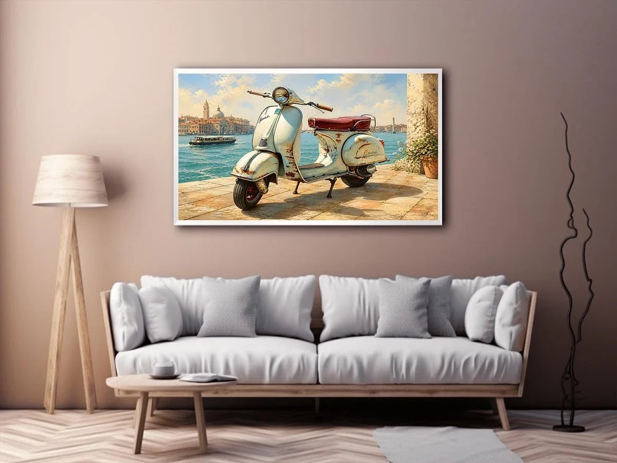 Serene Italian waterfront with vintage Vespa