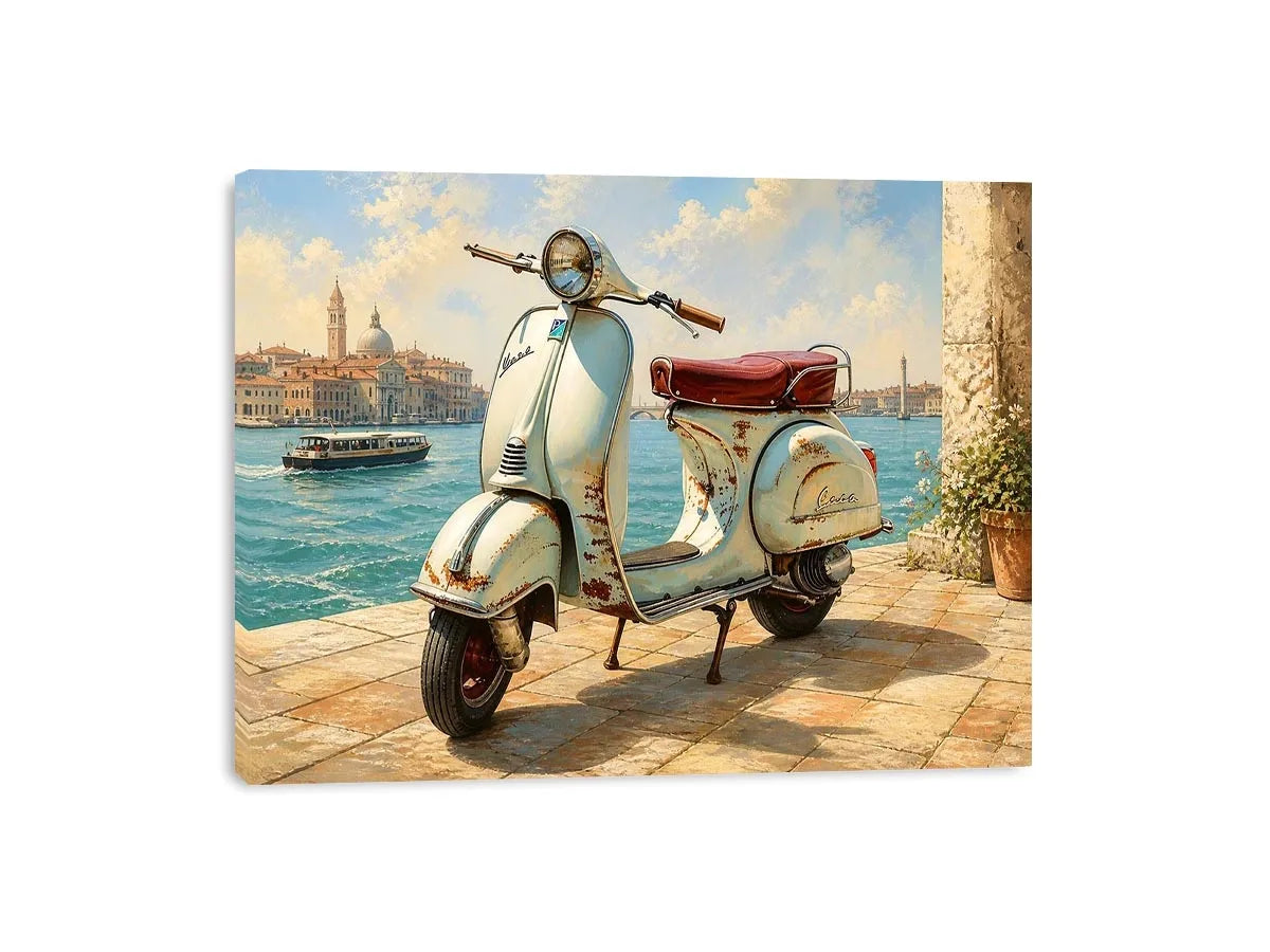 Serene Italian waterfront with vintage Vespa