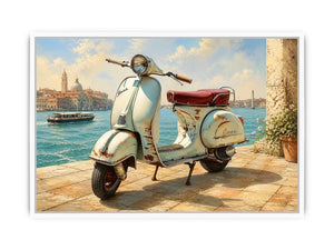Serene Italian waterfront with vintage Vespa