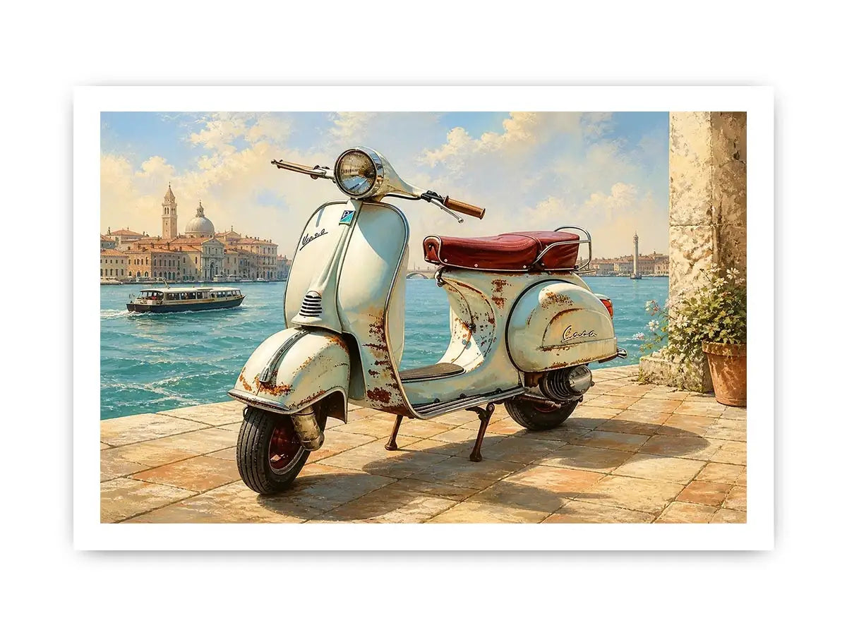 Serene Italian waterfront with vintage Vespa