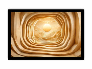 Symmetrical wood tunnel with glowing sun