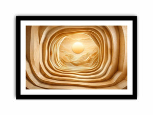 Symmetrical wood tunnel with glowing sun