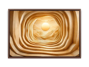 Symmetrical wood tunnel with glowing sun