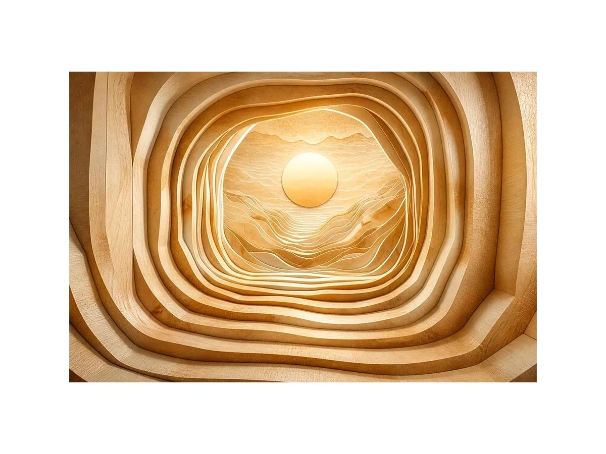 Symmetrical wood tunnel with glowing sun
