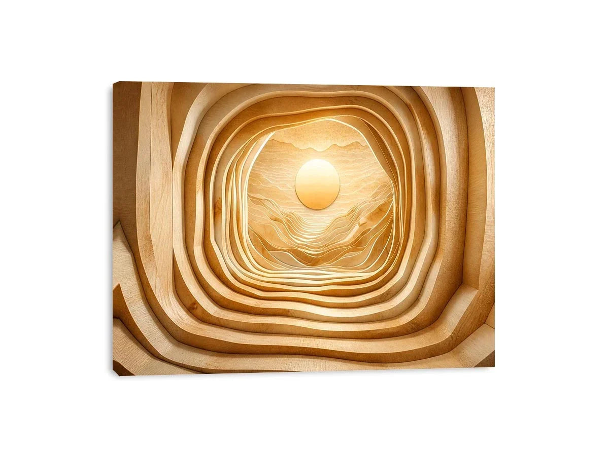 Symmetrical wood tunnel with glowing sun