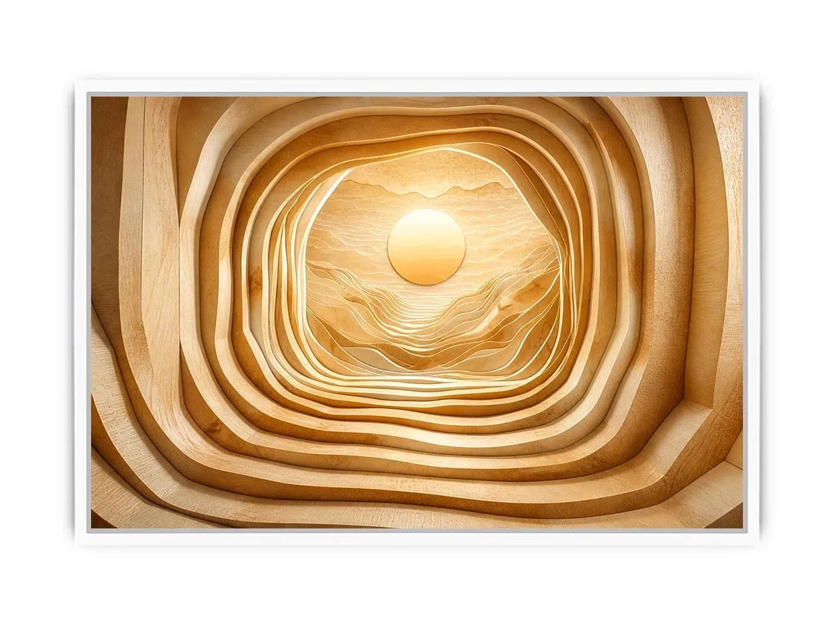 Symmetrical wood tunnel with glowing sun