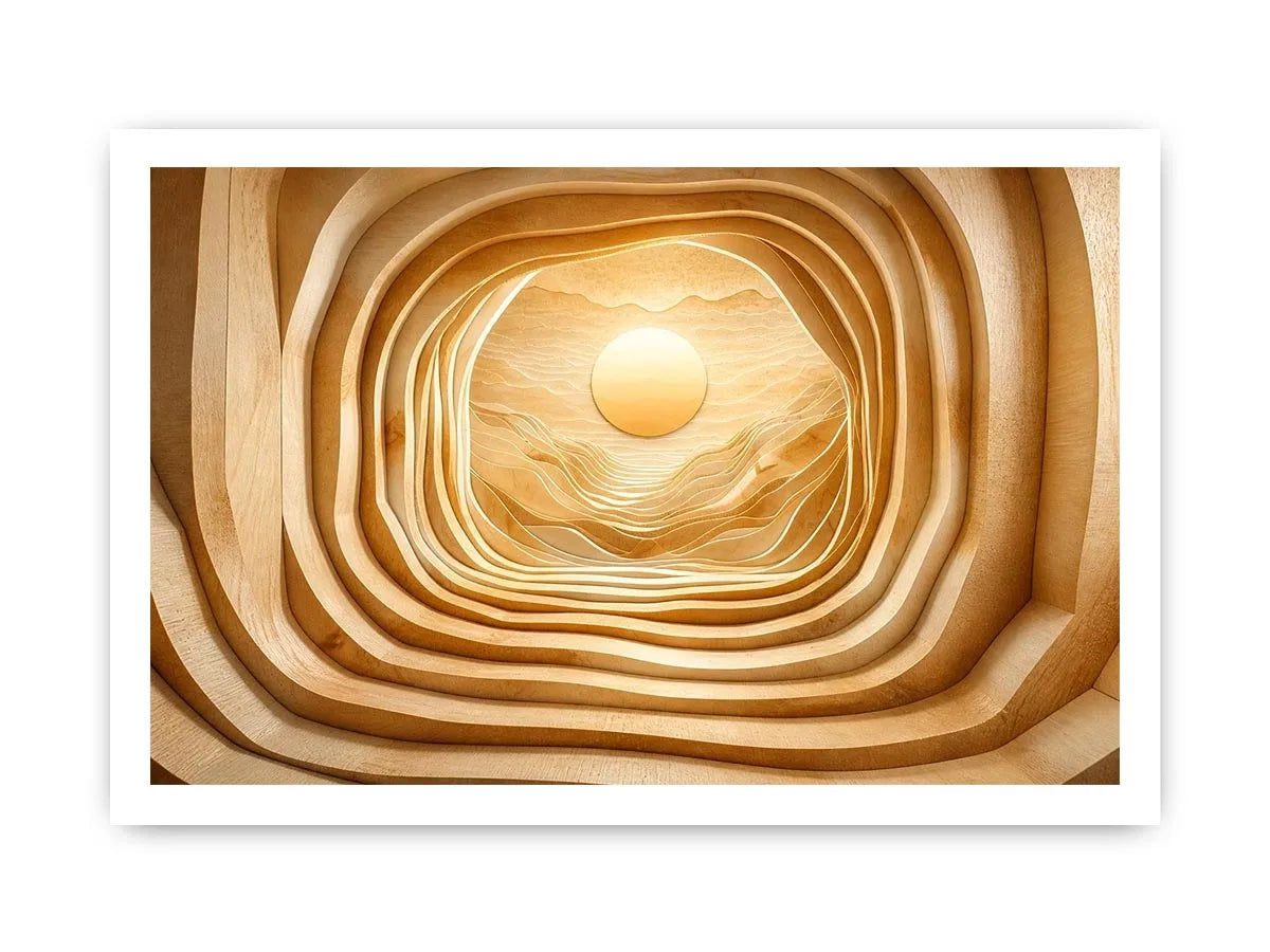 Symmetrical wood tunnel with glowing sun