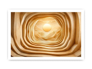 Symmetrical wood tunnel with glowing sun