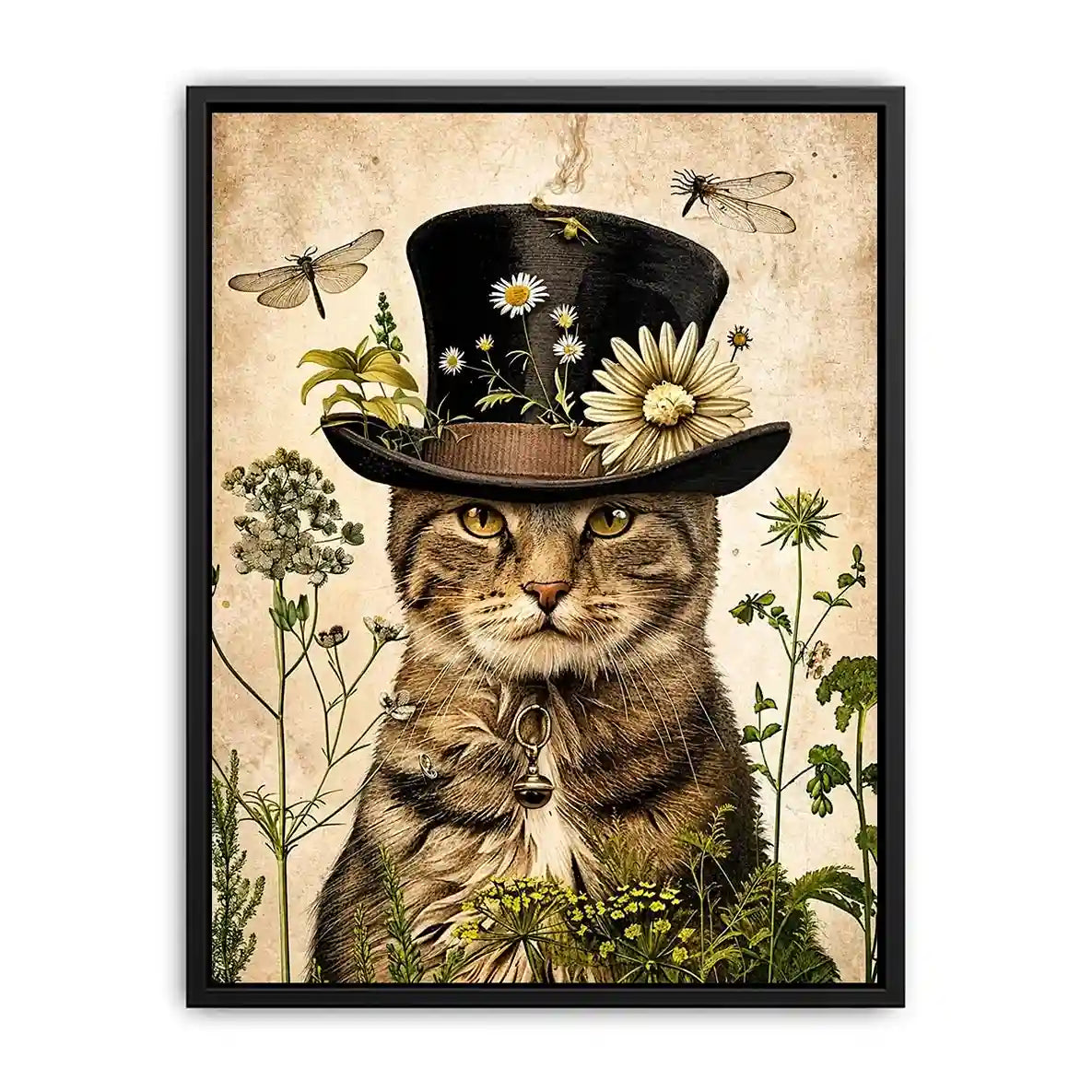 Whimsical cat with steampunk botanicals