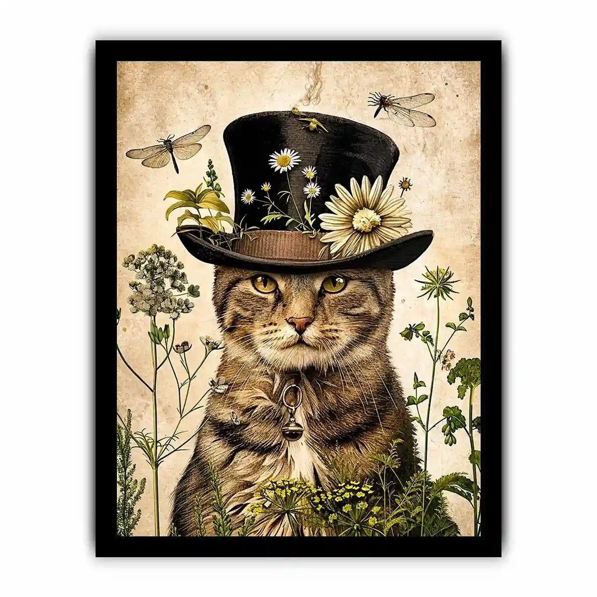 Whimsical cat with steampunk botanicals