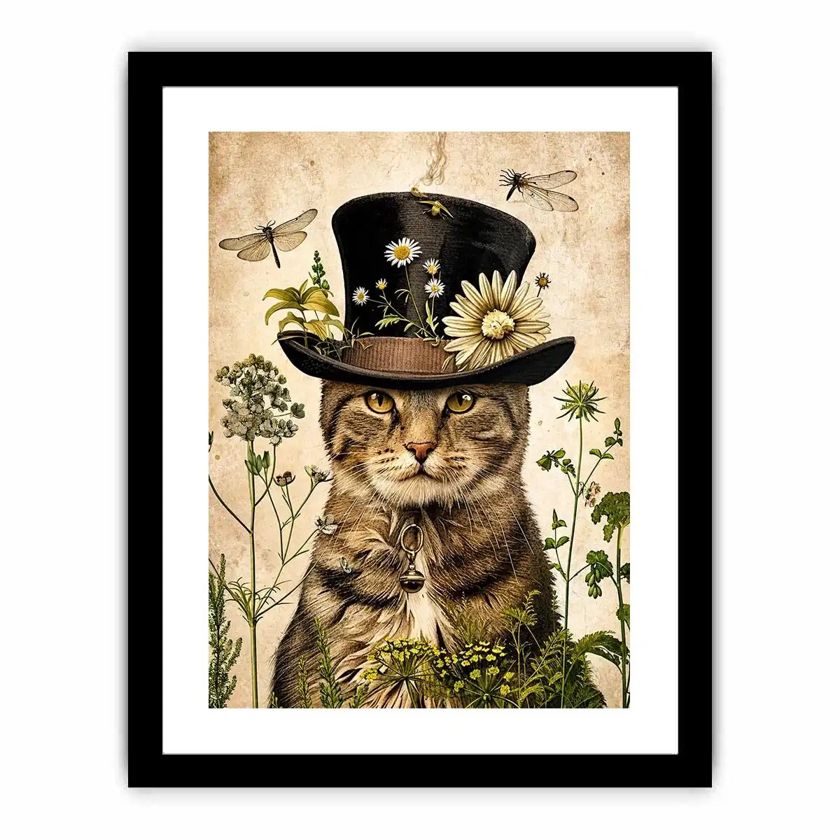 Whimsical cat with steampunk botanicals