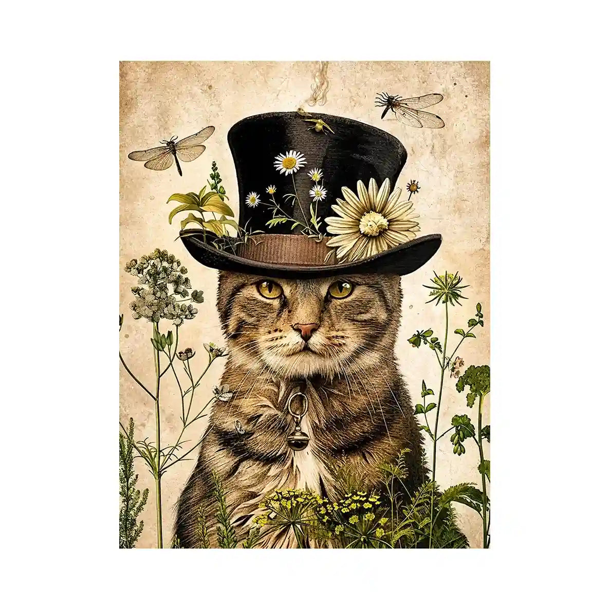 Whimsical cat with steampunk botanicals