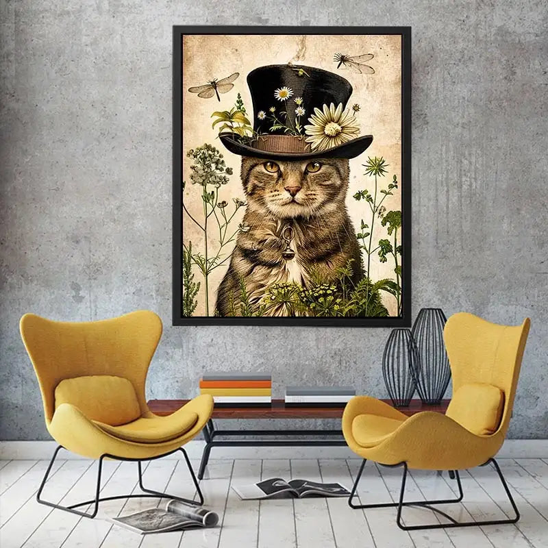 Whimsical cat with steampunk botanicals