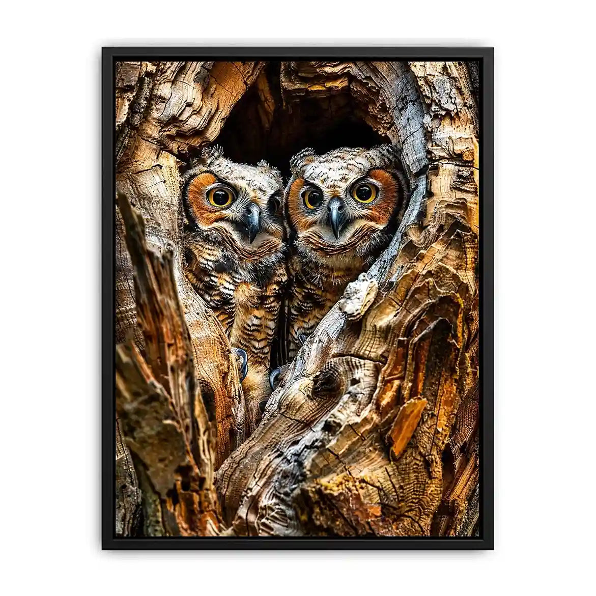Two baby owls in a tree hollow