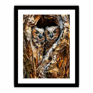 Two baby owls in a tree hollow