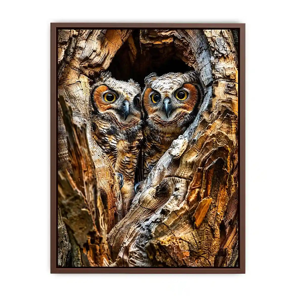 Two baby owls in a tree hollow