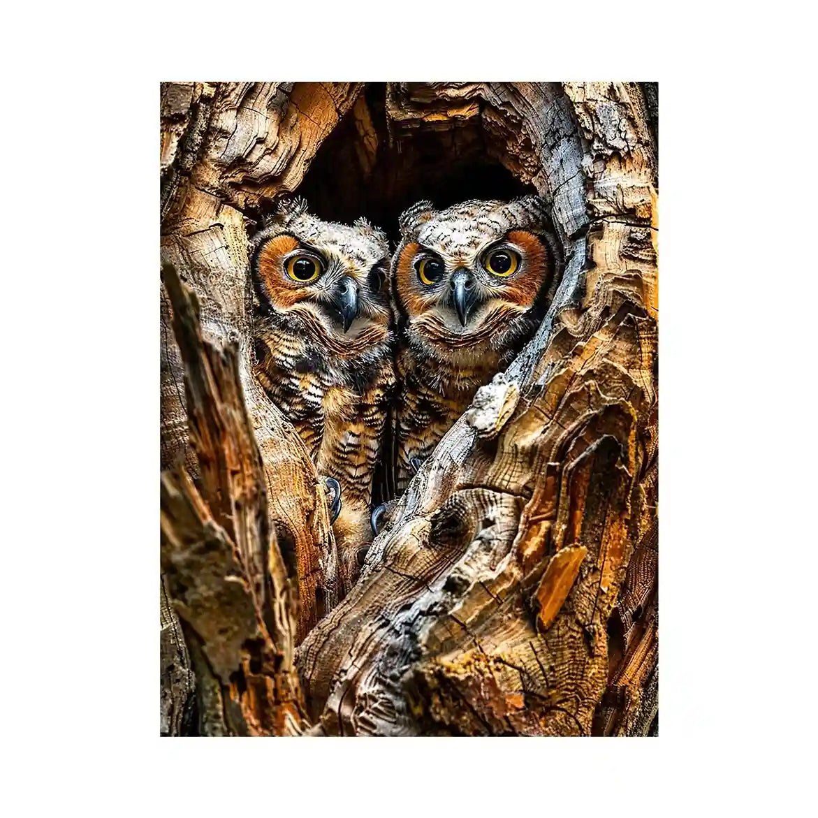 Two baby owls in a tree hollow