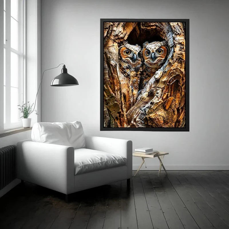 Two baby owls in a tree hollow