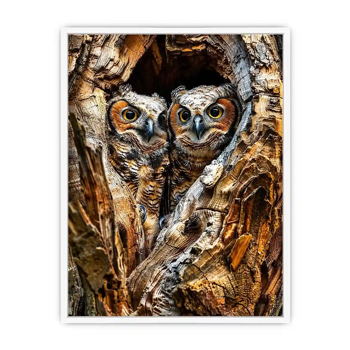 Two baby owls in a tree hollow