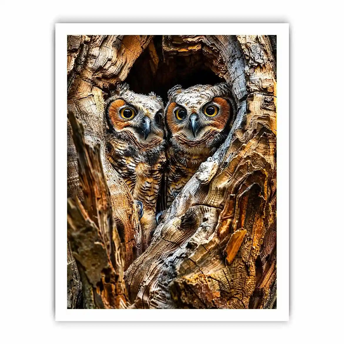 Two baby owls in a tree hollow