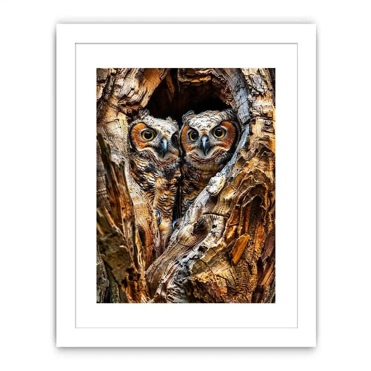 Two baby owls in a tree hollow