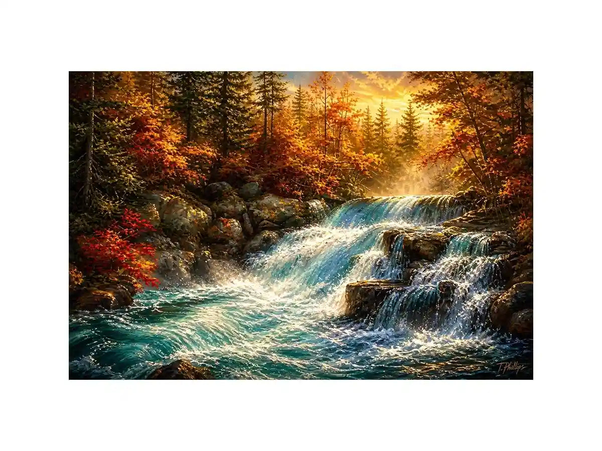Autumn waterfall in golden light