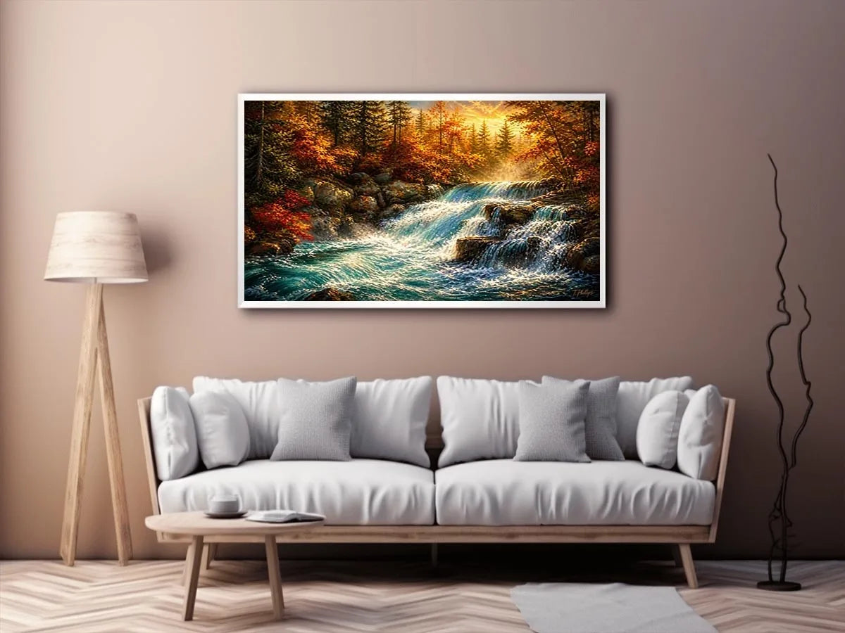 Autumn waterfall in golden light