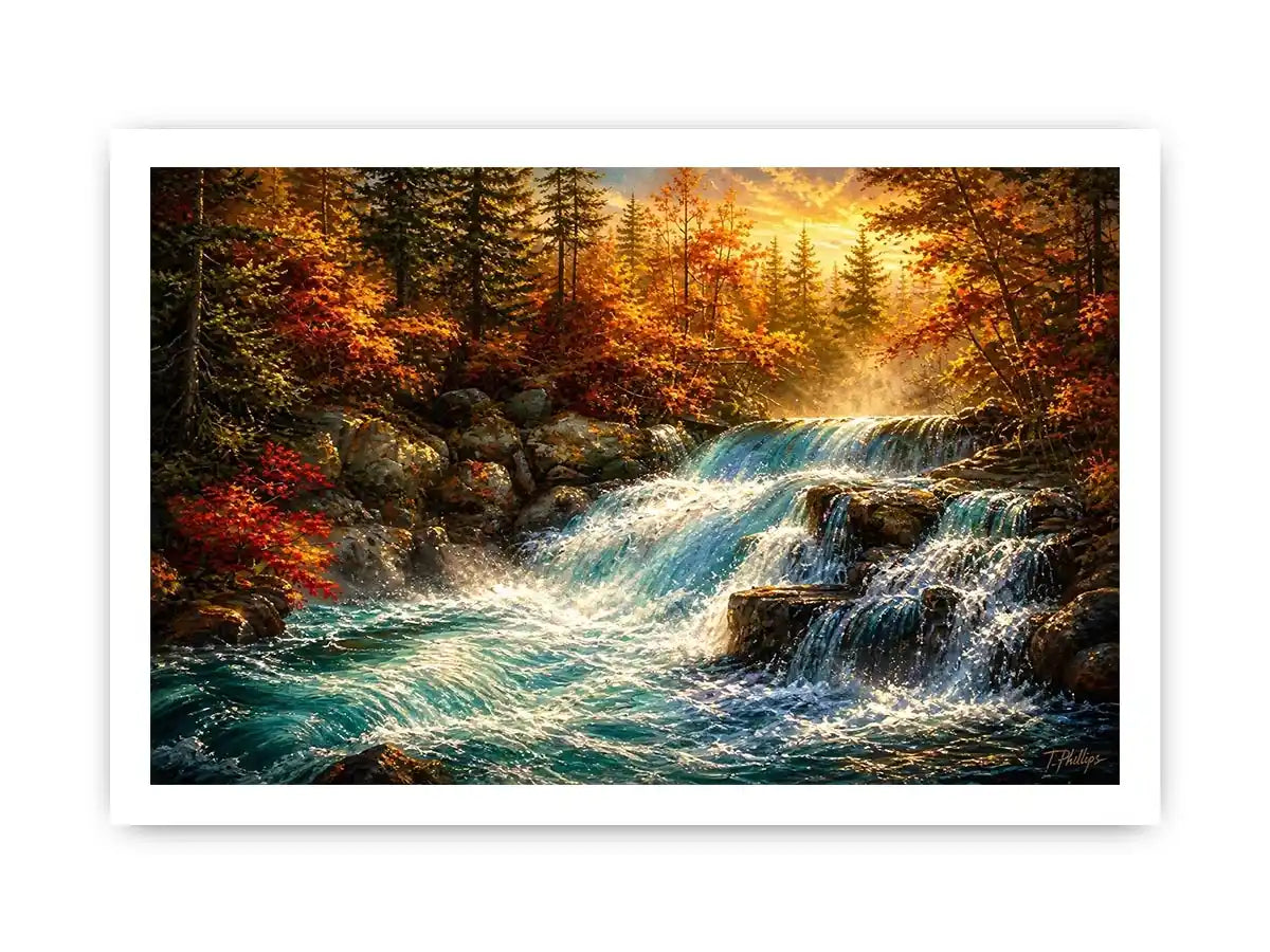 Autumn waterfall in golden light