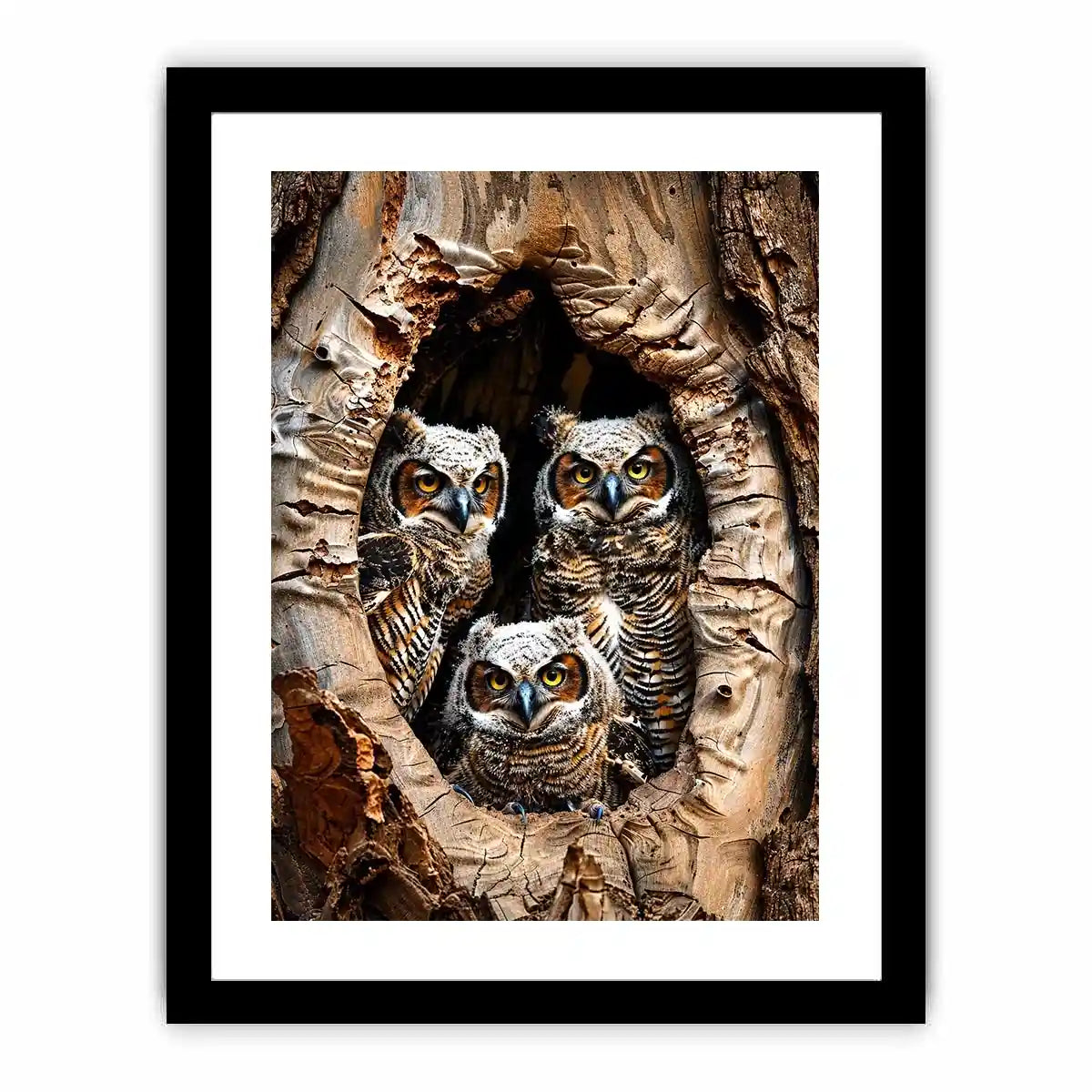 Juvenile owls in a hollow tree