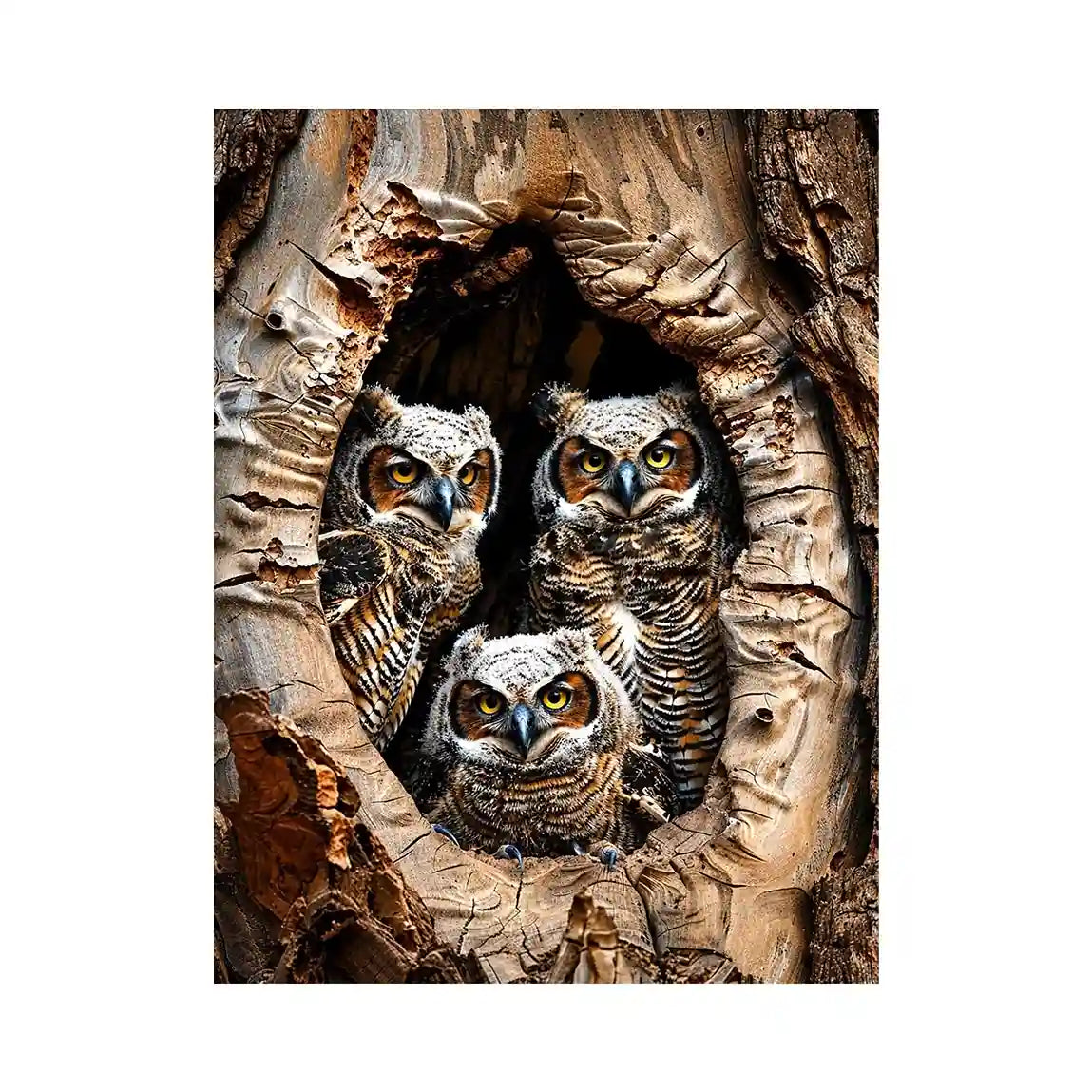 Juvenile owls in a hollow tree