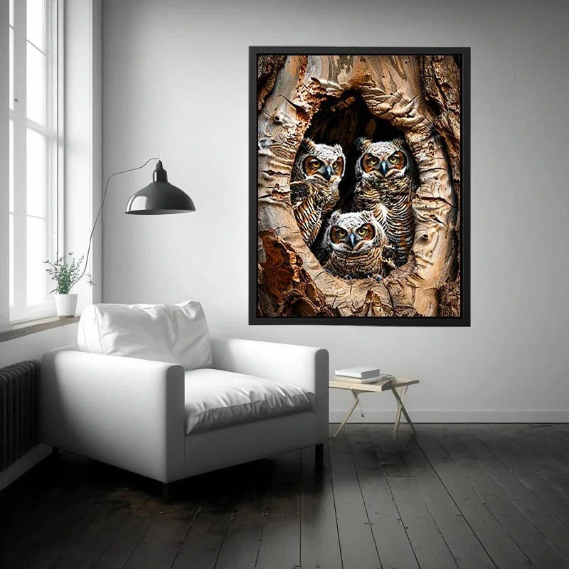 Juvenile owls in a hollow tree