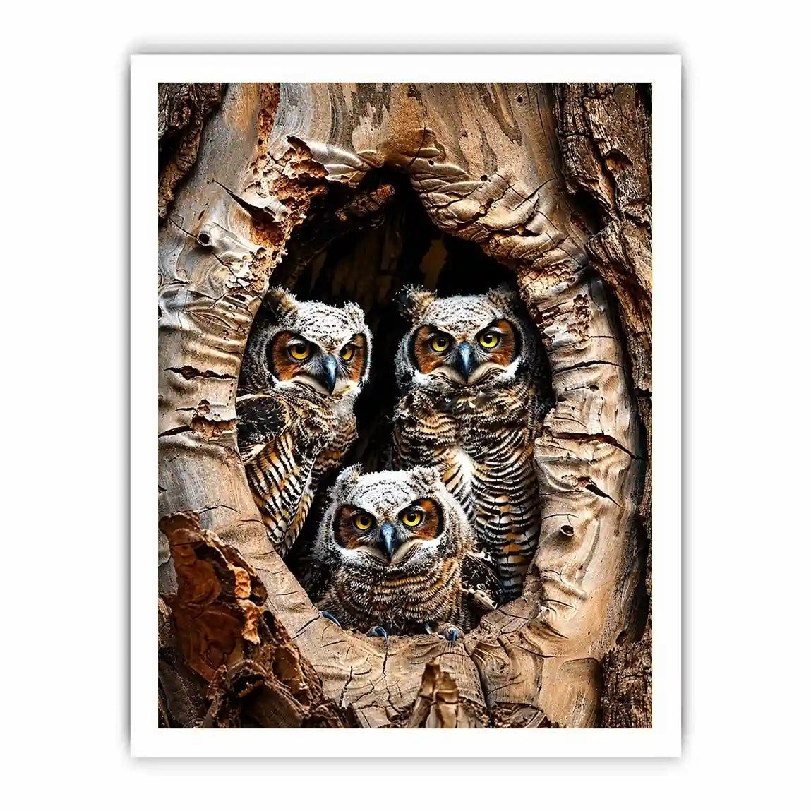 Juvenile owls in a hollow tree