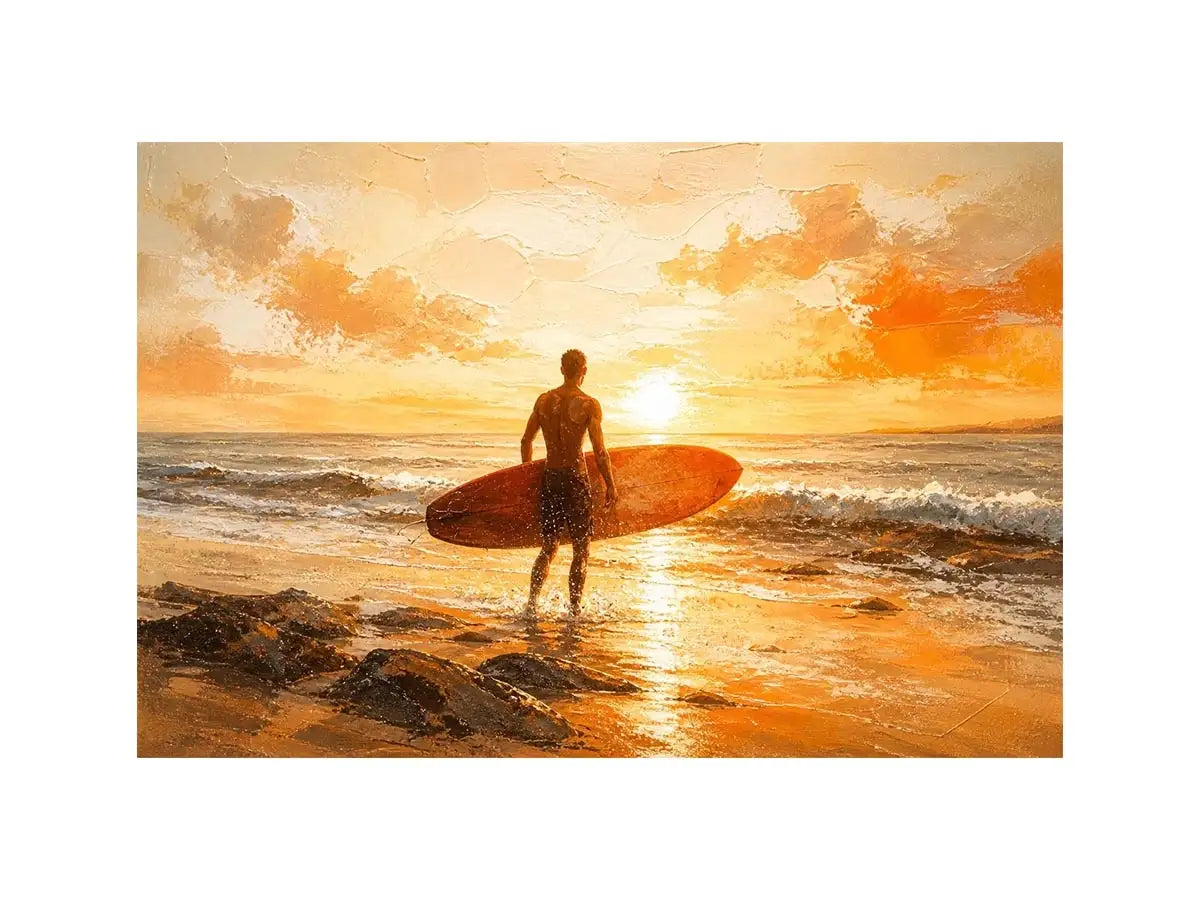 Surfer at sunset on the shore