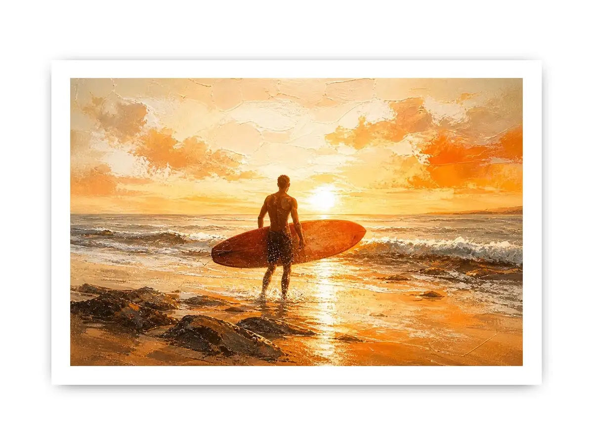 Surfer at sunset on the shore