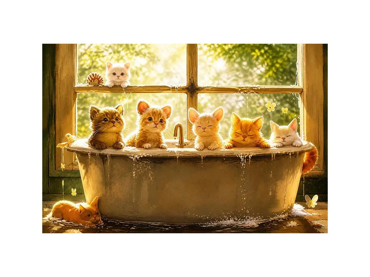 Cozy kittens in a sunlit tub
