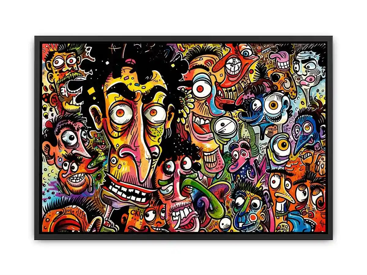 Vibrant chaos of cartoon faces