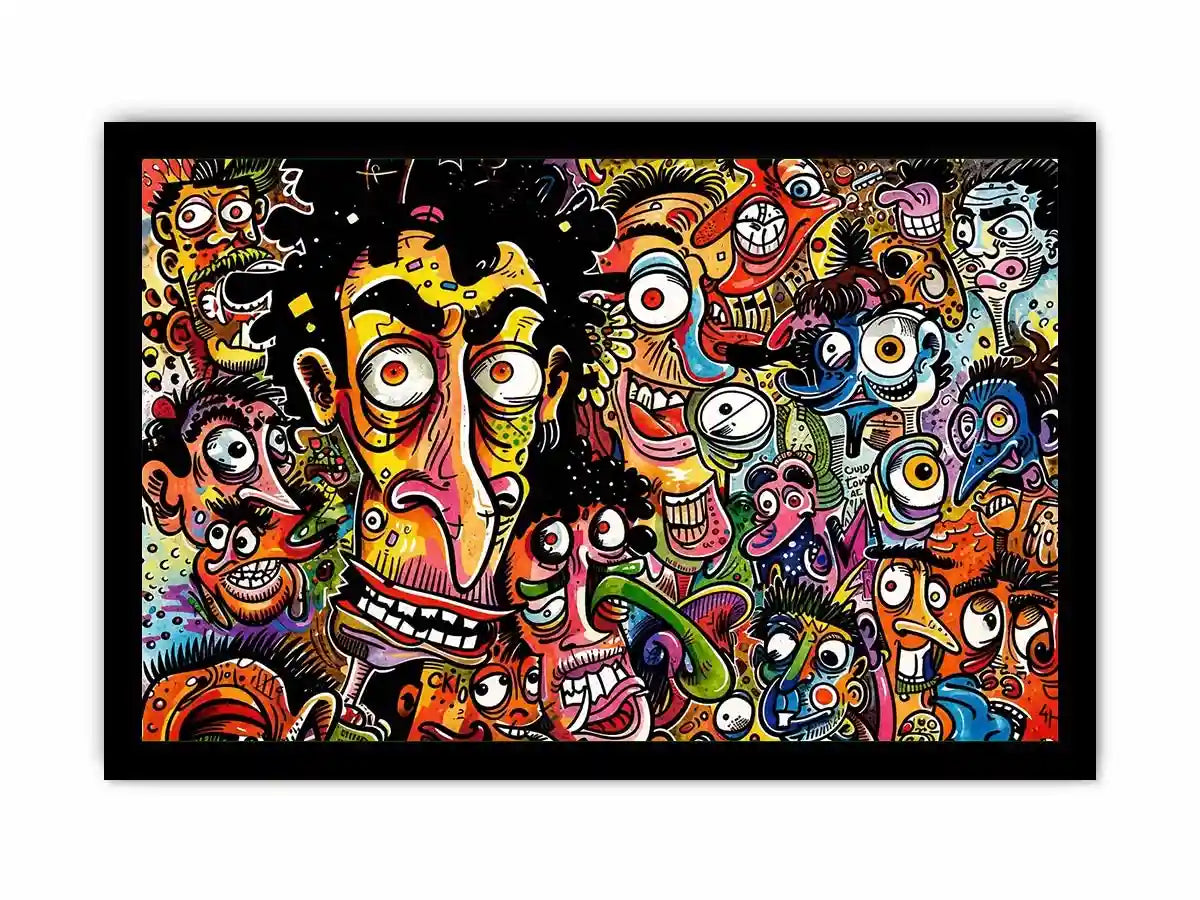 Vibrant chaos of cartoon faces