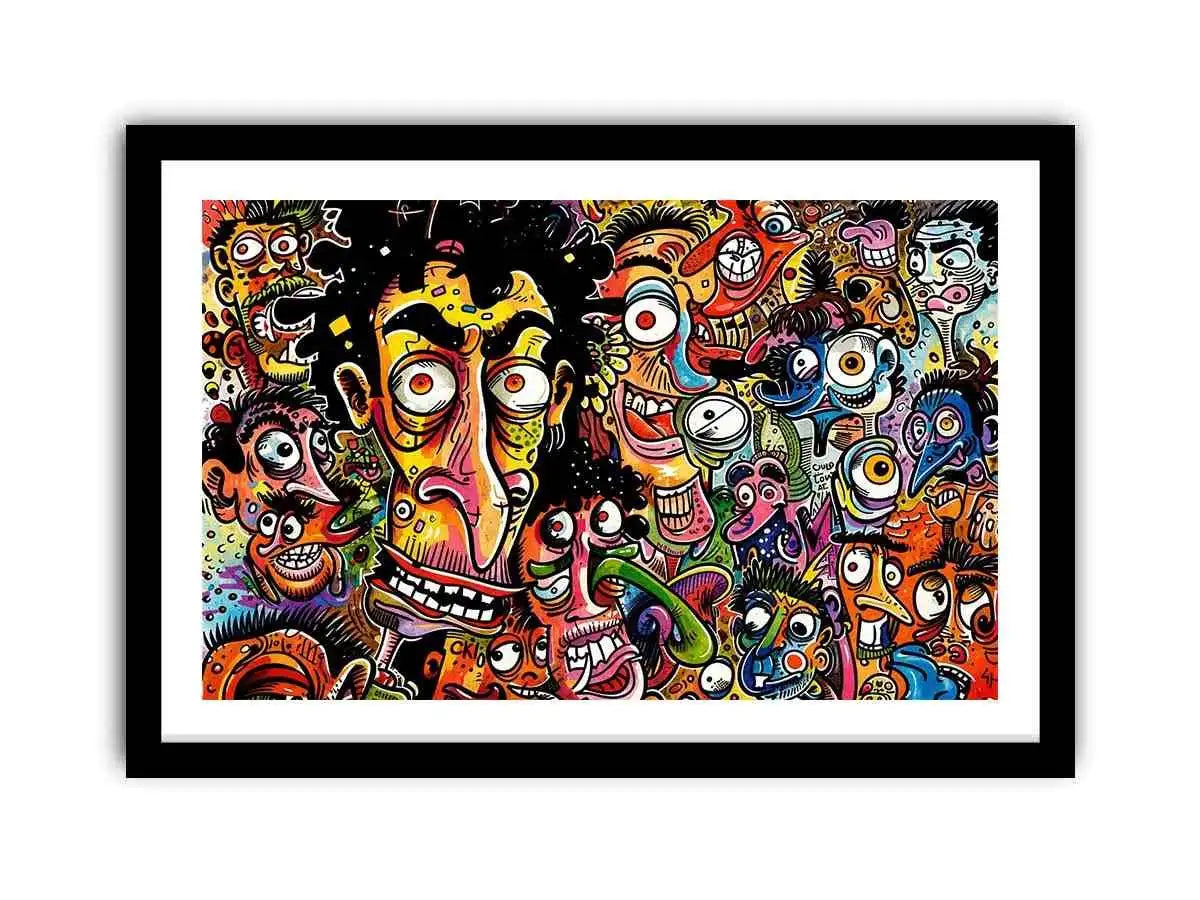 Vibrant chaos of cartoon faces