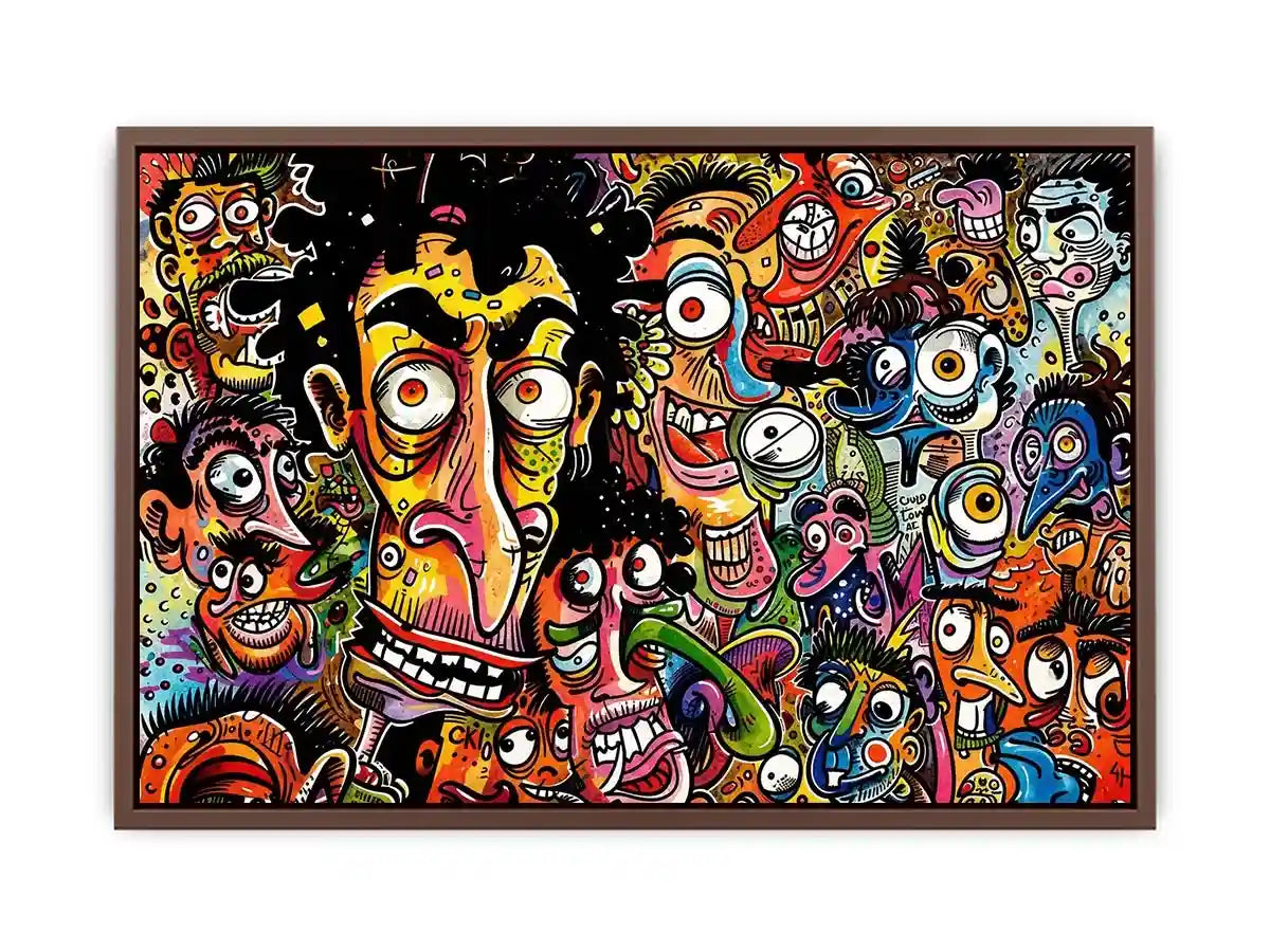 Vibrant chaos of cartoon faces