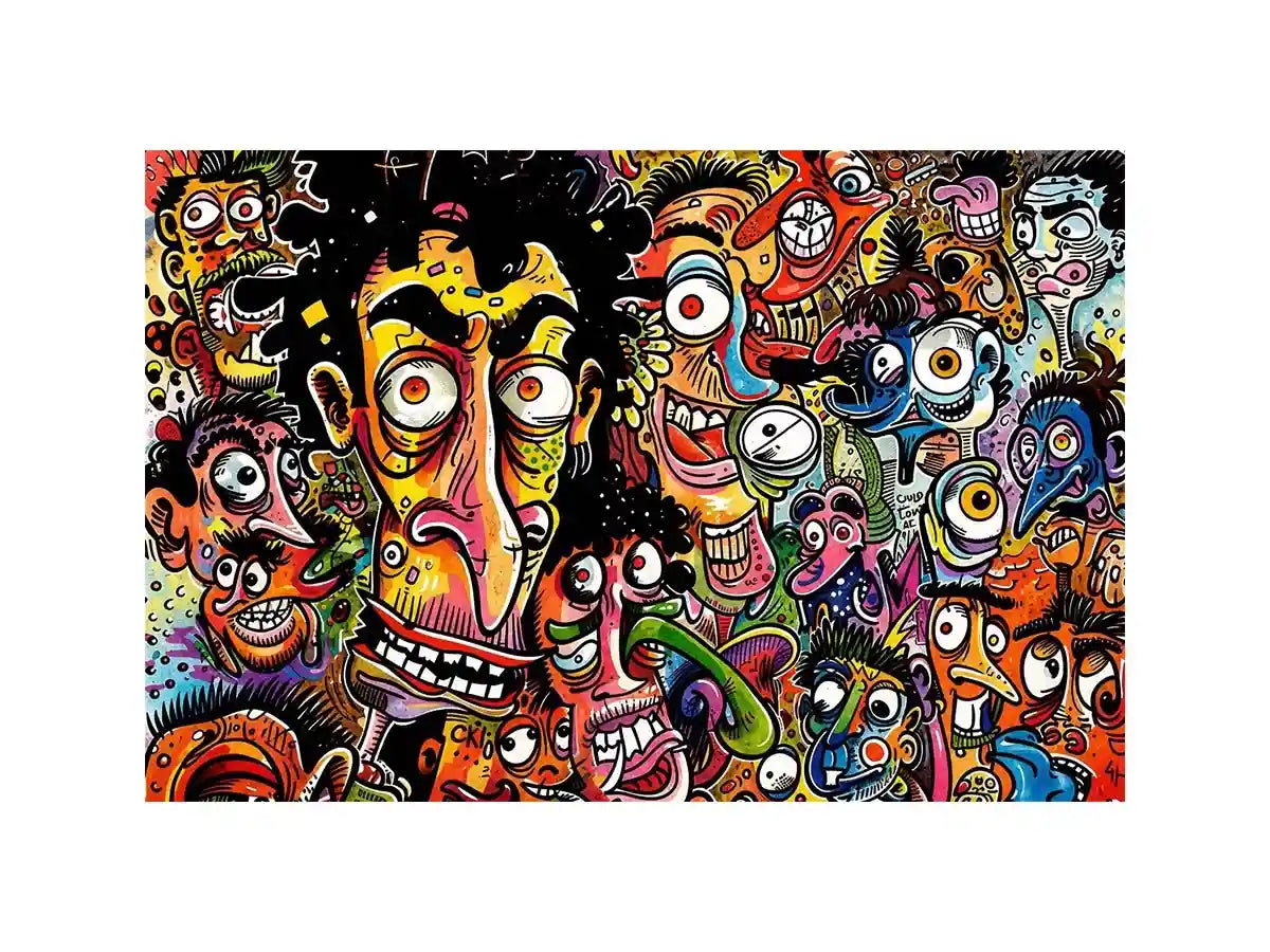 Vibrant chaos of cartoon faces