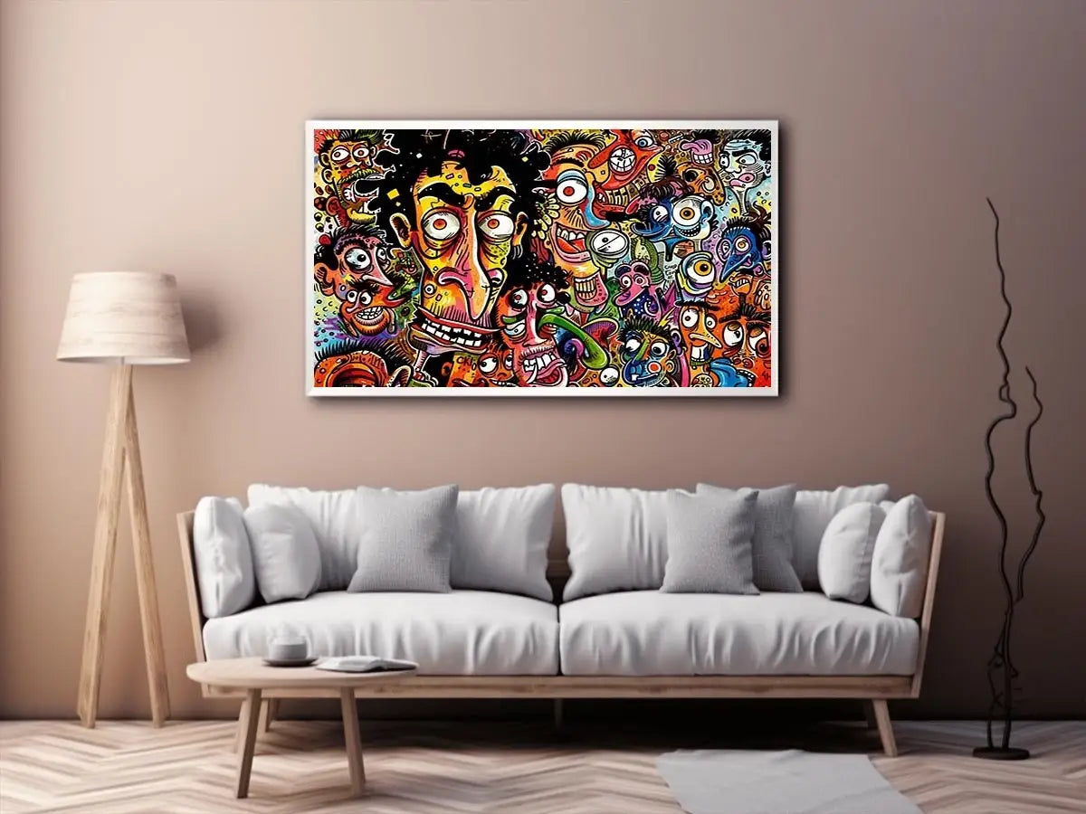 Vibrant chaos of cartoon faces