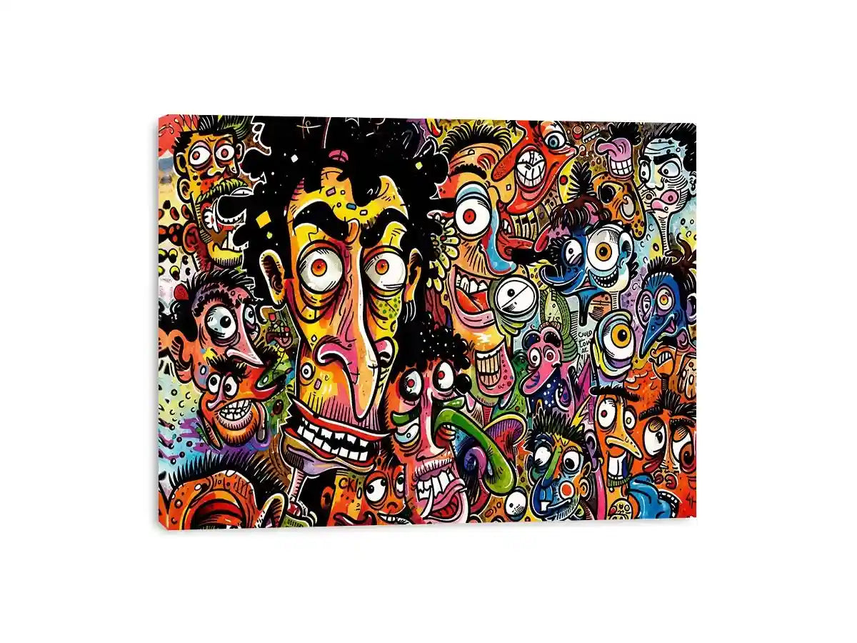 Vibrant chaos of cartoon faces