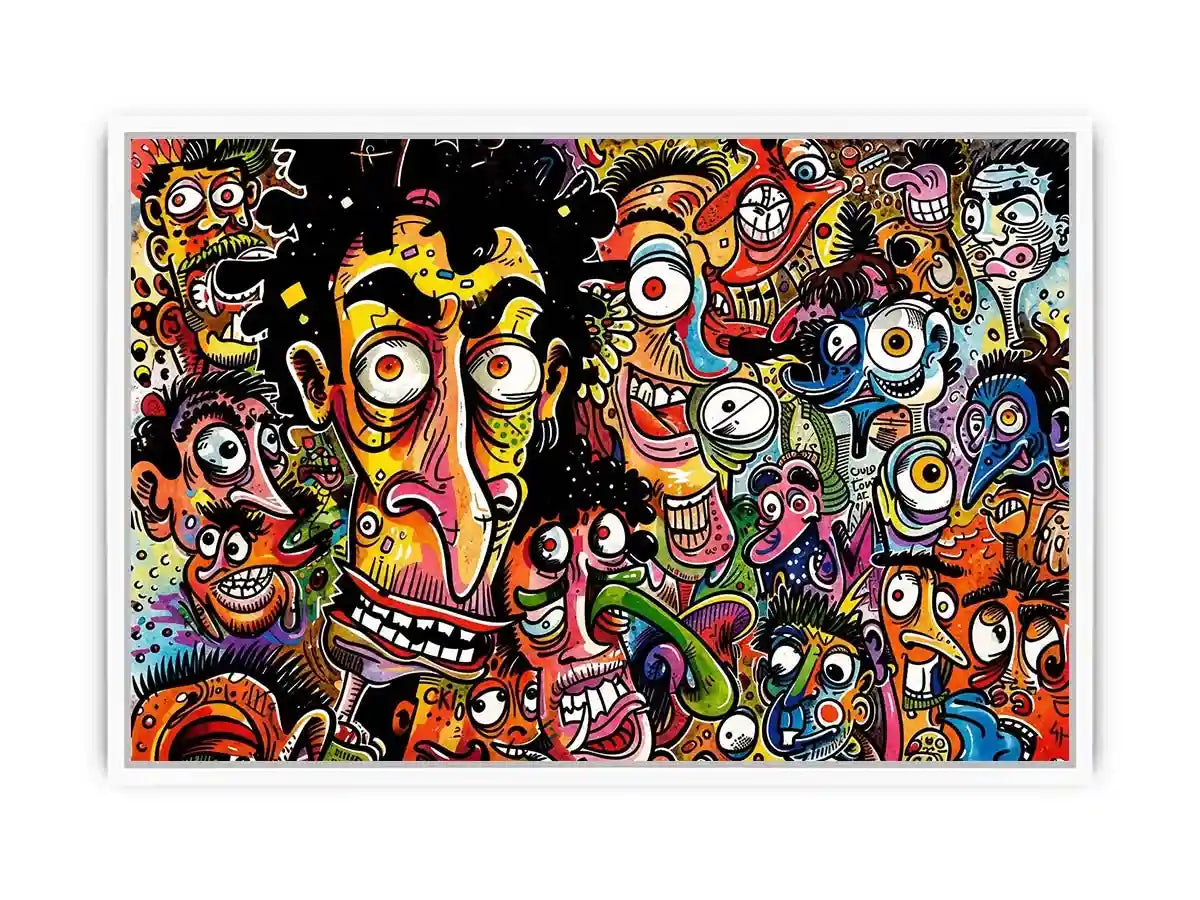 Vibrant chaos of cartoon faces