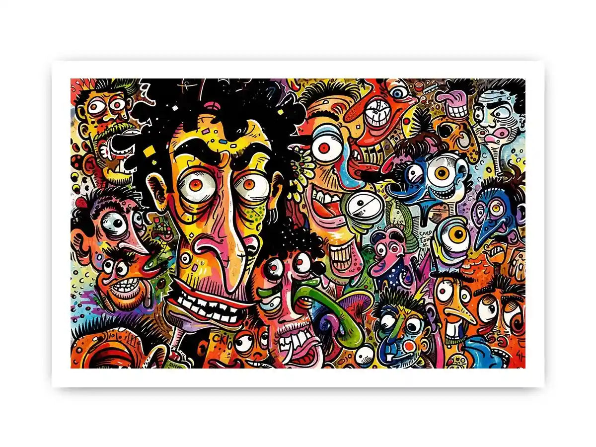 Vibrant chaos of cartoon faces