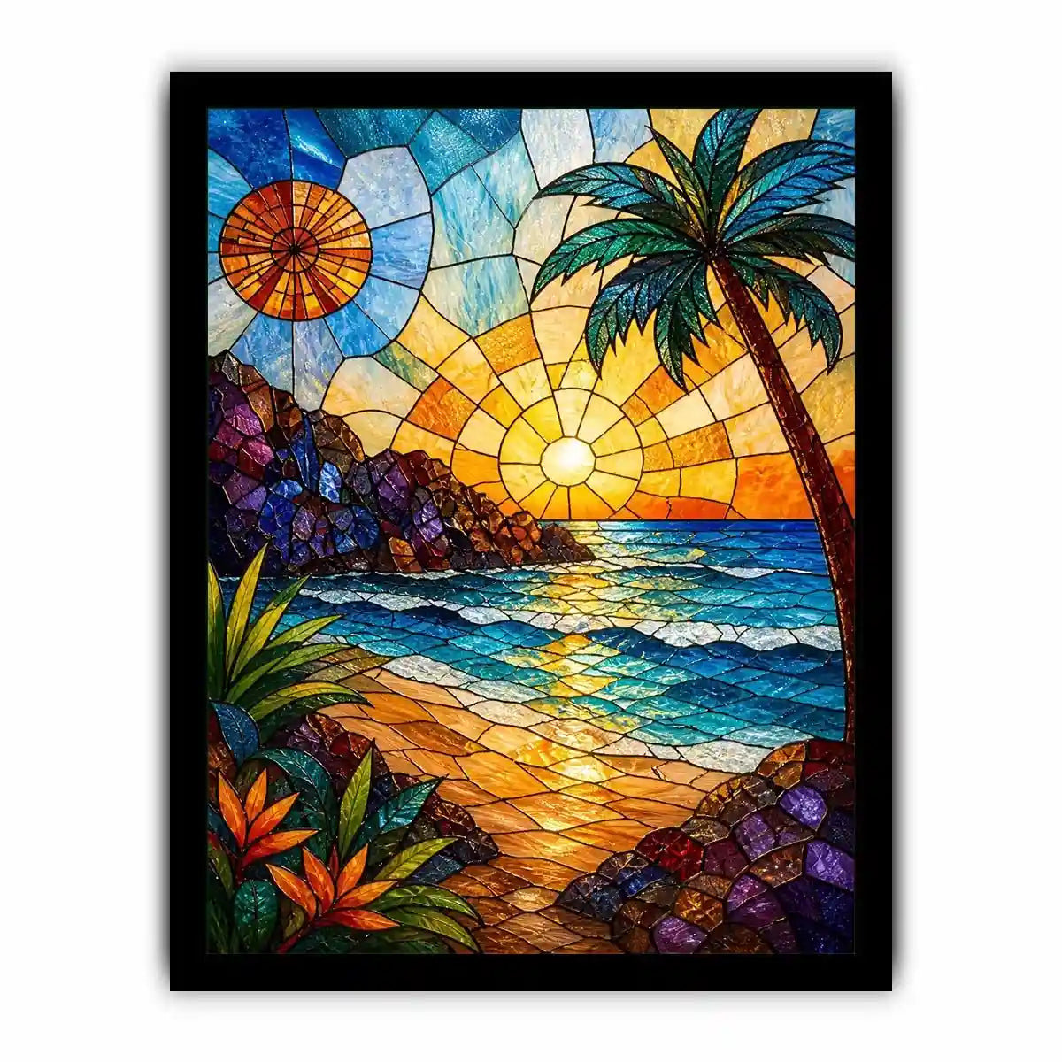 Stained-glass tropical sunset scene