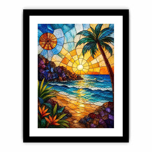 Stained-glass tropical sunset scene