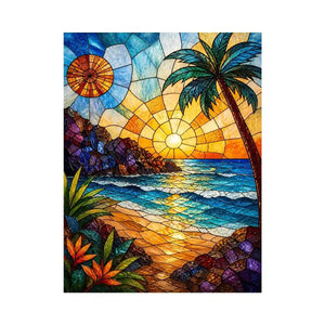 Stained-glass tropical sunset scene