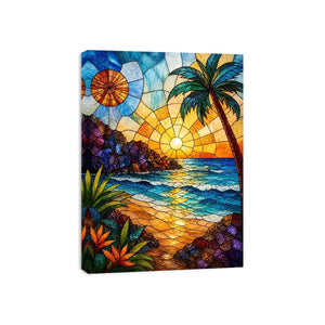 Stained-glass tropical sunset scene
