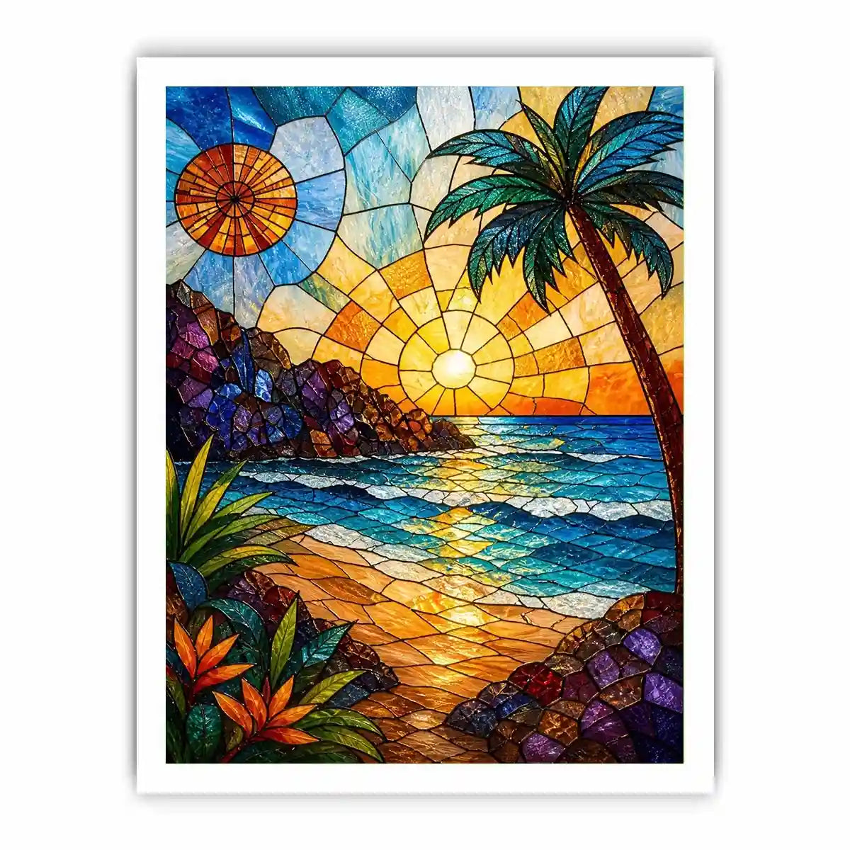Stained-glass tropical sunset scene