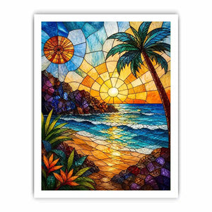 Stained-glass tropical sunset scene